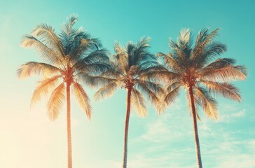 Tropical landscape palm trees sunset sky warm sunlight vintage aesthetic