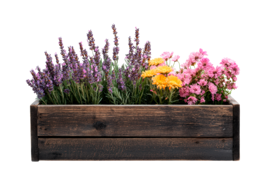 Bouquet colorful spring flowers in basket isolated on transparent background