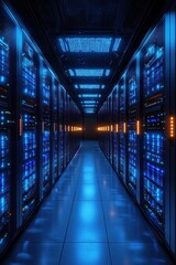 Obraz premium Futuristic Server Room with Blue Lights Showcasing Modern Technology and Digital Infrastructure Efficiency