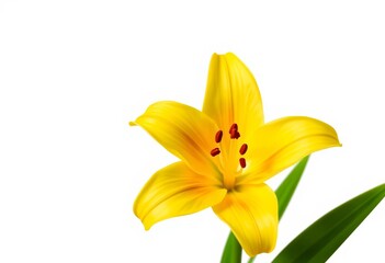 Obraz premium A vibrant yellow lily, stem, and leaves isolated on pure white, texture, single