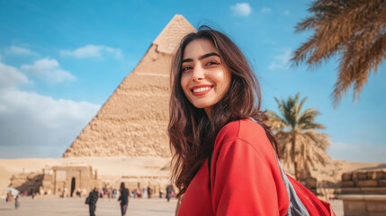 Indian tourist woman enjoy travelling at desert near ancient giza Pyramid
