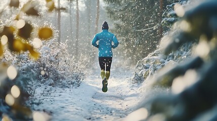 A lone runner in a bright blue jacket navigating a snowy trail surrounded by evergreen trees, with soft snowflakes gently falling in a serene winter landscape