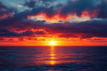 Fototapeta premium Vibrant Sunset Over Ocean with Dramatic Clouds and Golden Reflections