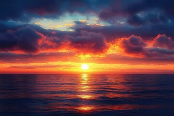 Fototapeta premium Vibrant Sunset Over the Ocean with Dramatic Clouds and Reflections
