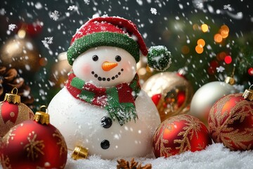 Cheerful Snowman Surrounded by Christmas Ornaments and Miniature Trees in Festive Holiday Setting with Snowflakes