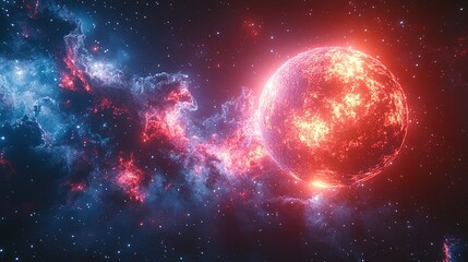 Fiery red star amidst vibrant blue and red nebula in the depths of space