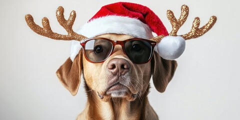 Merry Christmas Cool Labrador Dog with Santa Hat Sunglasses Reindeer Antlers in Studio Photography Winter Greeting Card