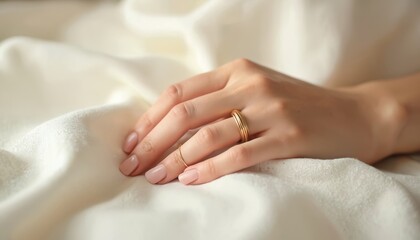 Gold ring adorns hand resting on soft white fabric. Delicate moment of touch. Gentle skin. Minimalist jewelry, fine design. Wedding engagement. Luxury accessory.