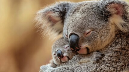 Obraz premium Cuddling koala mother and baby in warm embrace. Mother's Day, Mothering Sunday, Dia de la Madre - Global Maternal Celebration, Worldwide Family Holiday