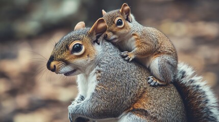 Obraz premium Adorable baby squirrel clinging to mother in natural habitat. Mother's Day, Mothering Sunday, Dia de la Madre - Global Maternal Celebration, Worldwide Family Holiday