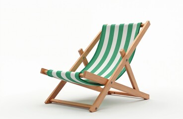 Green striped beach chair isolated on white background. Perfect for summer relaxation, vacations. Wooden deckchair on beach by ocean, sea, shore, coast. Leisure activity, rest, sunbathing, holiday.