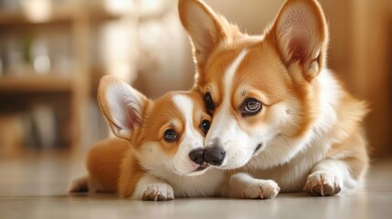 Adorable corgi bonding: cute puppy and adult dog snuggling together. Mother's Day, Mothering Sunday, Dia de la Madre - Global Maternal Celebration, Worldwide Family Holiday