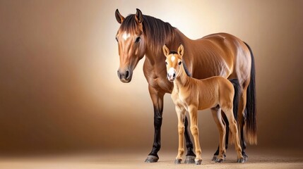 Obraz premium Bay horse with foal standing together on brown background. Mother's Day, Mothering Sunday, Dia de la Madre - Global Maternal Celebration, Worldwide Family Holiday