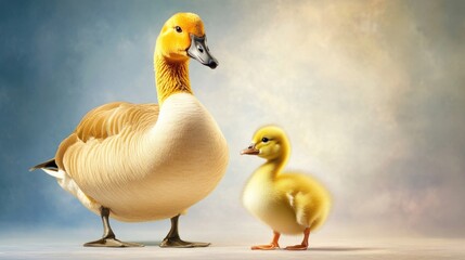 Serene scene of goose and gosling against a soft colorful background. Mother's Day, Mothering Sunday, Dia de la Madre - Global Maternal Celebration, Worldwide Family Holiday