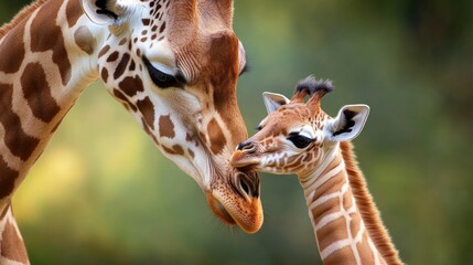 Tender moment between adult and baby giraffe in natural habitat. Mother's Day, Mothering Sunday, Dia de la Madre - Global Maternal Celebration, Worldwide Family Holiday © O