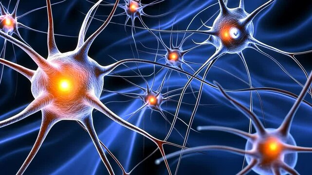 Neural network close-up showcasing interconnected neurons with glowing synapses in a dark blue background