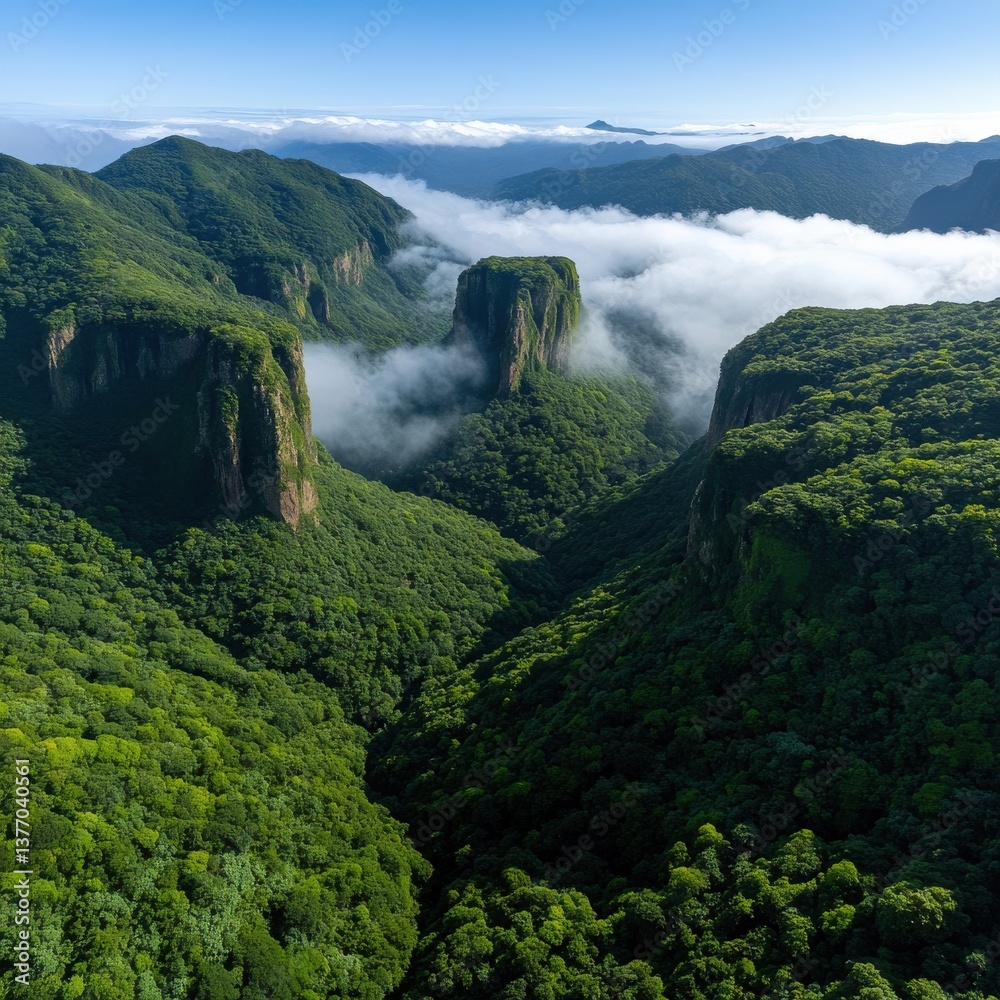 Poster a lush green forest with a mountain range in the background