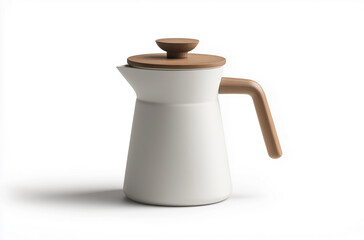 milk jug on white background，White ceramic coffee pot with wooden handle and lid, showcasing simplicity and natural beauty, suitable for home decoration and tea drinking utensils.