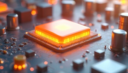 3D rendering of computer chip core with orange translucent gradient glass chip on white background. Electronic components and circuit board are featured, conveying tech, data transfer.