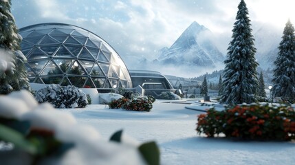 Futuristic snow-covered dome architecture in mountain landscape