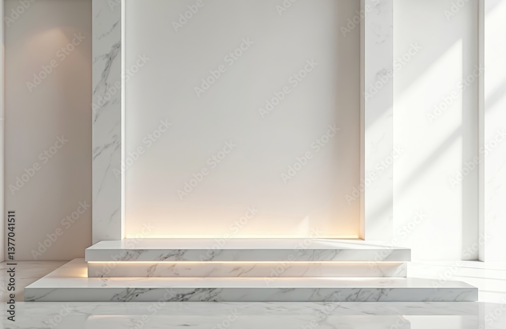 Poster minimalistic modern white background with built-in lighting, marble steps, and shadow. presentation 