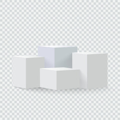 Four blank square podiums with shadow stand to show products on transparent background, Vector illustration.