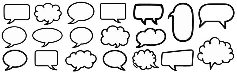 Simple empty comic speech bubbles set, Black border, Retro blank dialog boxes, Vintage vector graphic clipart, isolated on white background