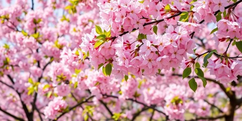 Fototapeta premium Blooming cherry trees in springtime, vibrant petals and fresh green leaves, holiday, photography