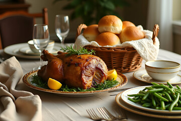 A beautifully arranged traditional Easter dinner featuring a roasted chicken, fresh rolls, and green beans on a table set for a festive celebration