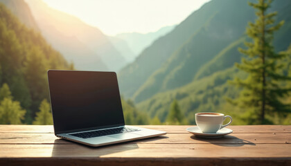 Laptop with blank screen and coffee cup on wooden table with nature mountain background. Freelancer work remotely, business with tech, digital nomad lifestyle concept.