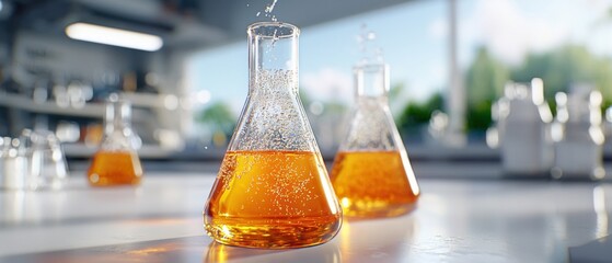 A laboratory setting with various glass beakers containing colorful, swirling liquids, suggesting an ongoing chemical experiment or scientific research.