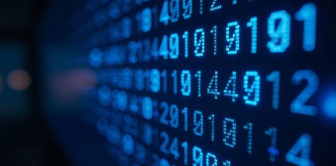 Blue binary code digits on computer screen with glowing effect, programming, internet, data