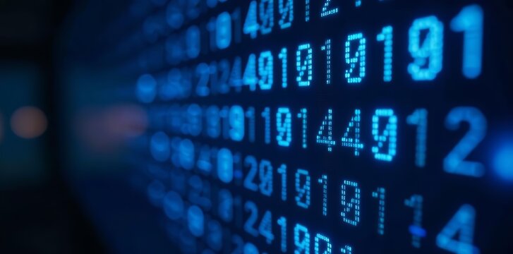 Blue binary code digits on computer screen with glowing effect, programming, internet, data