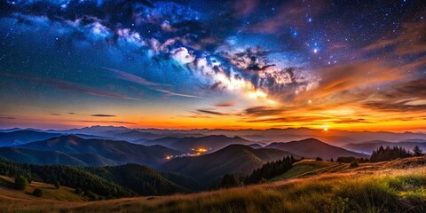 Fototapeta premium Serene Night Landscape: Earth Tone Colors, Starry Sky, Majestic Mountains