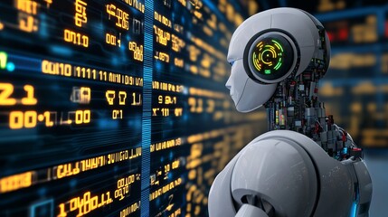 Advanced Robotic AI Analyzing Digital Data Streams Futuristic Technology Modern Robot Artificial Intelligence Digital Screen Binary Code Complex Algorithm Innovative System Cybernetic Machine Learning