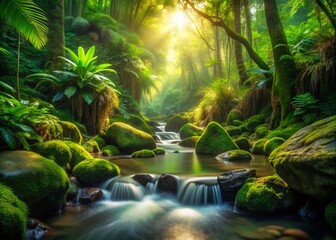 Fototapeta premium Serene Tropical Forest Stream: Lush Greenery, Mossy Rocks, Low Light Photography