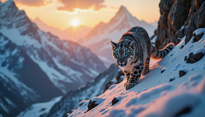 Snow leopard walking majestically in snowy mountain landscape  
