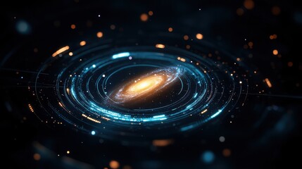 A breathtaking, high-resolution digital rende showcases the Andromeda galaxy encircled by vibrant, glowing, futuristic s and cosmic dust particles, a stunning 4K