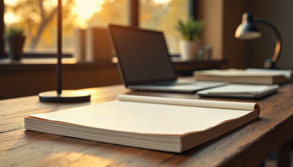 Cozy workspace with laptop and stationery during sunset lighting  
