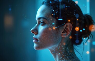 Profile portrait of woman with digital network overlay, represents artificial intelligence, AI. Futuristic tech concept, digital transformation in business, science. Cybernetics, innovation, big
