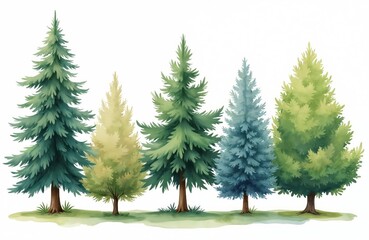 Fototapeta premium Watercolor visual illustration of trees isolated on white background. Rich green, blue spruce pine trees set. Hand drawn forest landscape element, summer season nature design.