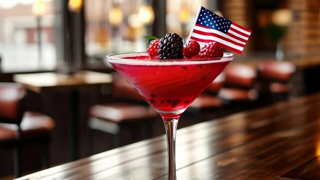 Patriotic berry martini with american flag garnish in stylish bar setting