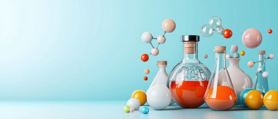 A team of chemists collaborating in a well-equipped laboratory, conducting experiments and analyzing samples using various glass vials and scientific equipment.