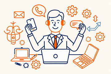 A stylized illustration of a person multitasking with multiple devices and communication tools,