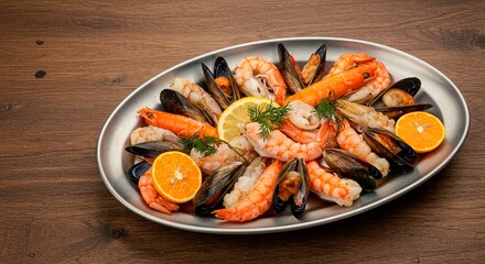 Seafood Platter Feast: An exquisite silver platter overflows with an array of fresh seafood delights, including plump shrimp, savory mussels, and succulent lobster.