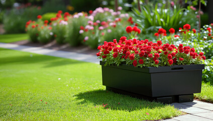 Vibrant Red Flowers in a Modern Planter on Lush Green Lawn