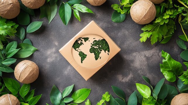 Eco Friendly Packaging Sustainable Cardboard Box Green World Map Nature Leaves Recycled Material Earth Day Concept Environmental Protection Go Green Sustainable Living Eco Conscious Products          