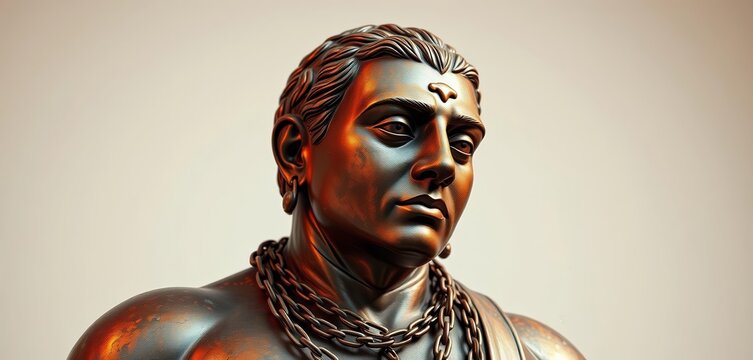 Bronze sculpture, chained neck, weathered, empty background,  despair,  contrast