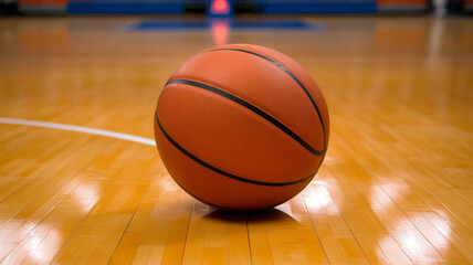 close up of basketball resting on polished wooden court, showcasing its texture and vibrant color, evokes sense of excitement
