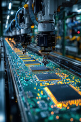 Robotic arms assembling circuit boards in clean, high tech factory environment